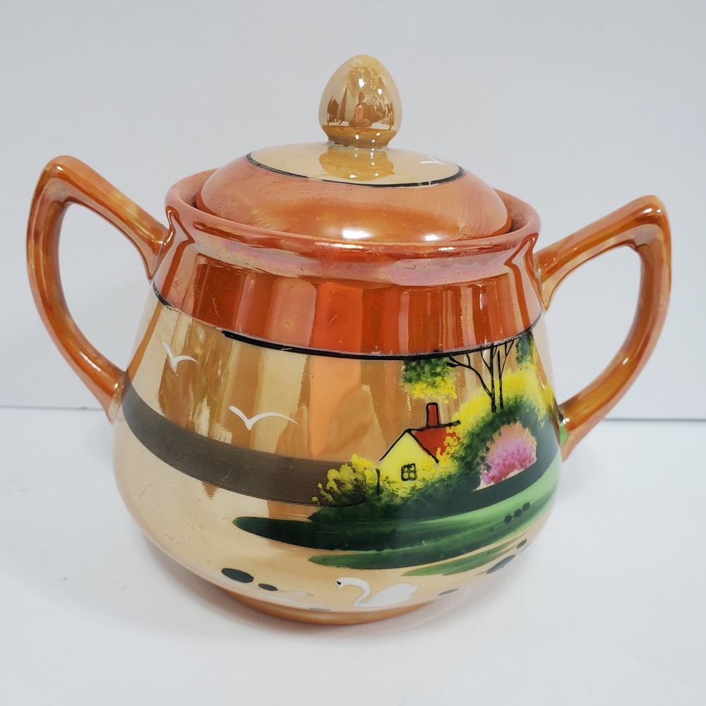 Hand Painted Made in‎ Japan Sugar Bowl  Lid Iridescent Orange Cottage Lusterwear